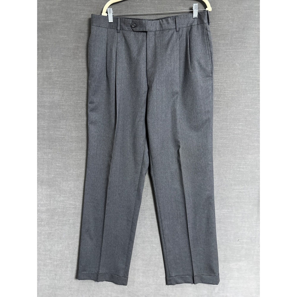 Jos A Bank Dress Pants 35x32 Gray Wool Pleated Cuffed Twill Trousers Classic